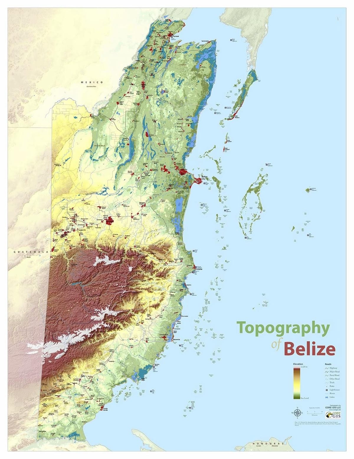 Kaart, topograafilised Belize